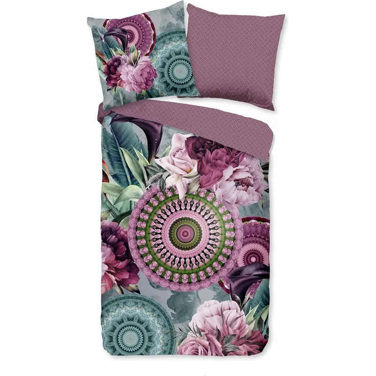 Traumschloss Satin Bettwäsche - Bandhura - Mandalas mit Blumen, mint, rosa 155x220 / 80x80