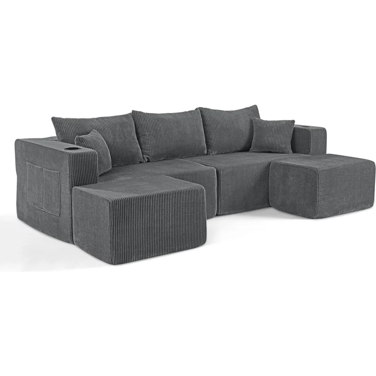 DESVIAE Sofa 3-Sitzer mit beweglichen Ottomanen, Cordstoff, Grau, mit Getränkehaltern und Seitentaschen, 230 x 138 x 75 cm – Bild 8