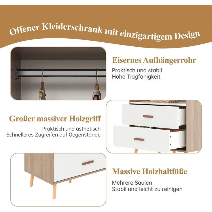 Offener Kinderkleiderschrank, HDF+Massivholzgriffe, Weiß-Natur Optik 80x46x141,5cm für Kinderzimmer Schlafzimmer – Bild 5