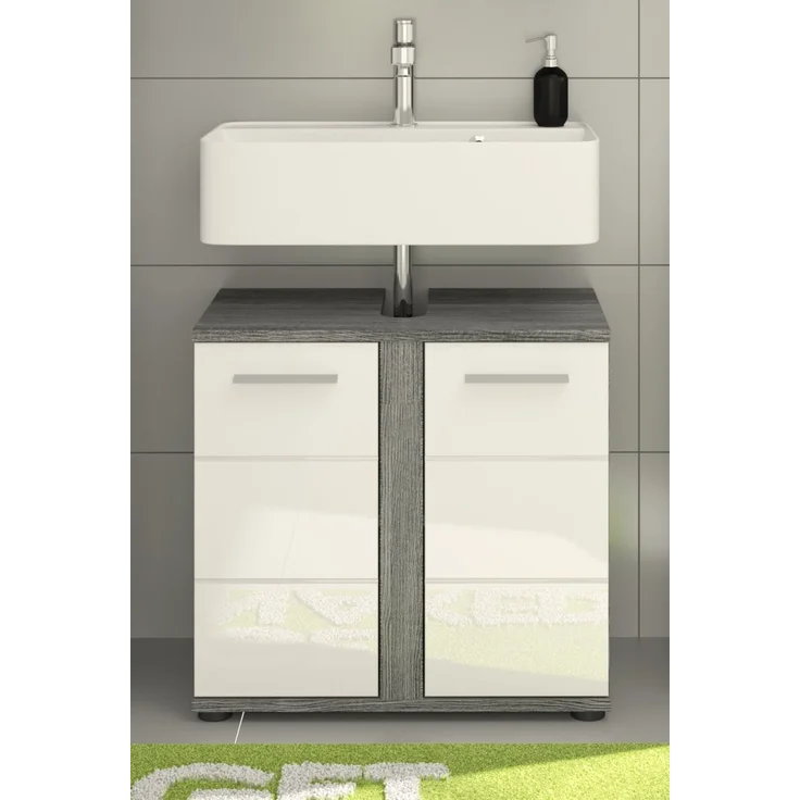 Waschbeckenunterschrank Bailey in weiß Hochglanz und grau 60 cm – Bild 1