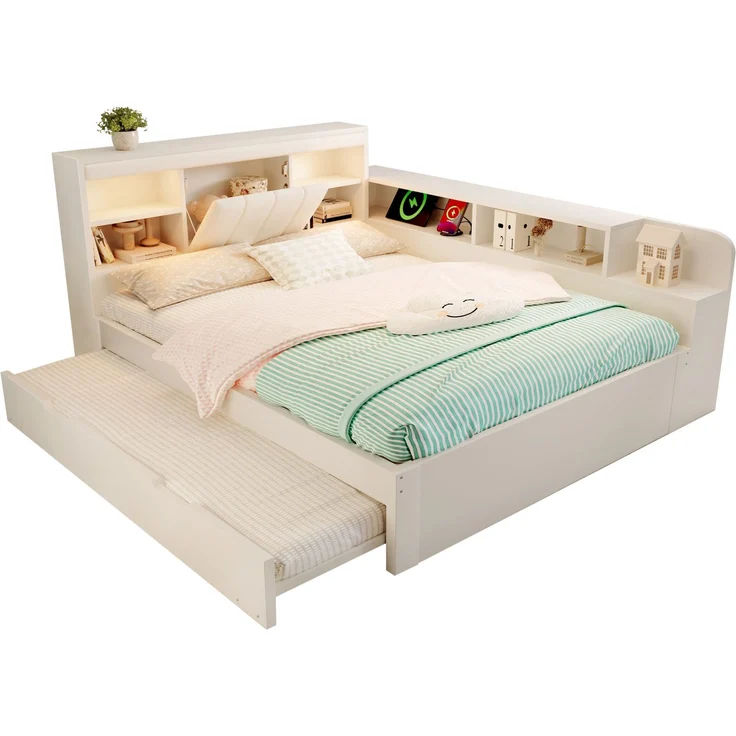 Tagesbett aus Holz mit Ausziehbett, Licht & USB-Anschluss, 140x190 cm, Weiß, ohne Matratze – Bild 3