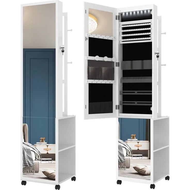 HZUANERI Schmuckschrank Spiegelschrank, stehender Schmuck-Organizer mit 1 Kleiderständer 3-stufige Ablageflächen mit 4 Kleiderhaken, weiß und Schwarz