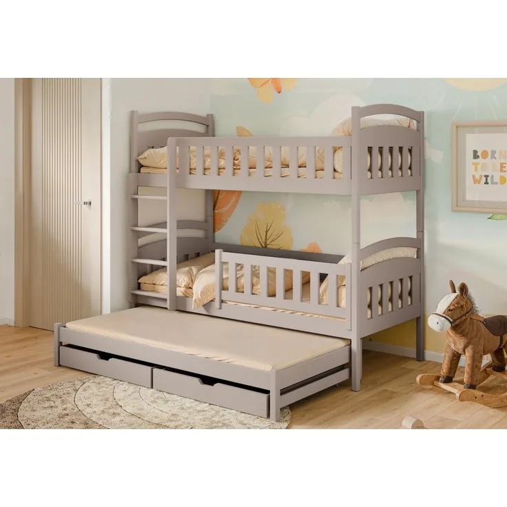 Kids Collective Etagenbett Hochbett Stockbett Kinderbett 90x200 cm mit Ausziehbett und Schubladen, Umbaubar zu 3 Einzelbetten mit Lattenrosten & Rausfallschutz, Kaschmir