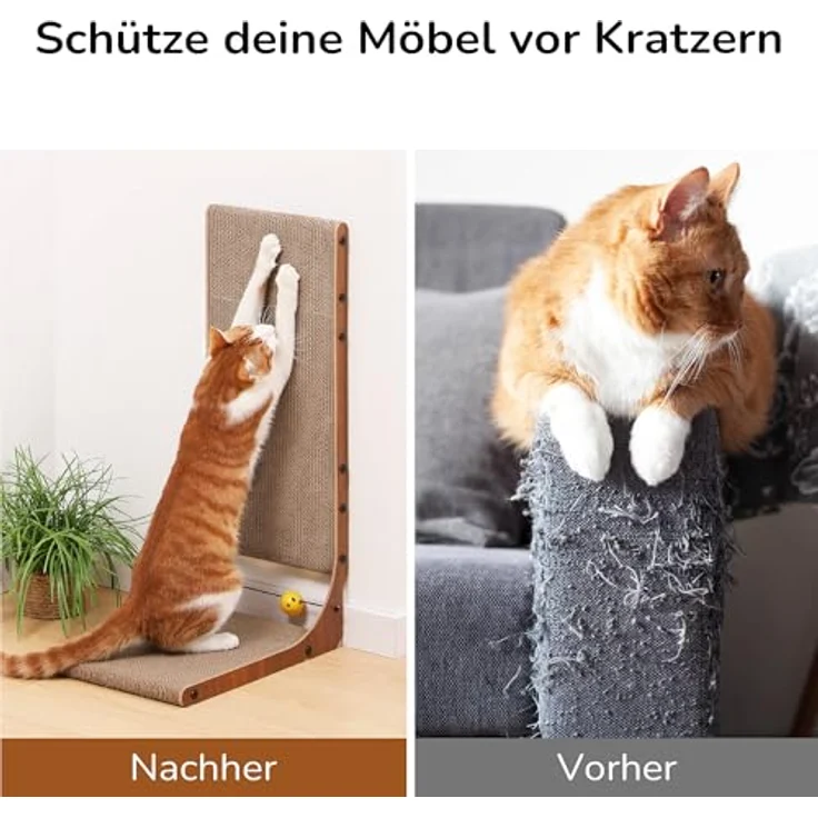FUKUMARU Kratzbrett Katzen 2er Set, 68 cm hoch L-förmige Kratzpappe aus vertikalem Karton, widerstandsfähig Katzenkratzbrett mit Ballspielzeug, Farbe Nussbaum – Bild 8