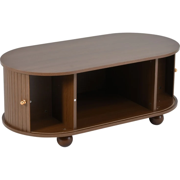 Ovaler Couchtisch aus MDF mit Stauraum und Schiebetür, 100x50x40 cm, Walnuss – Bild 9