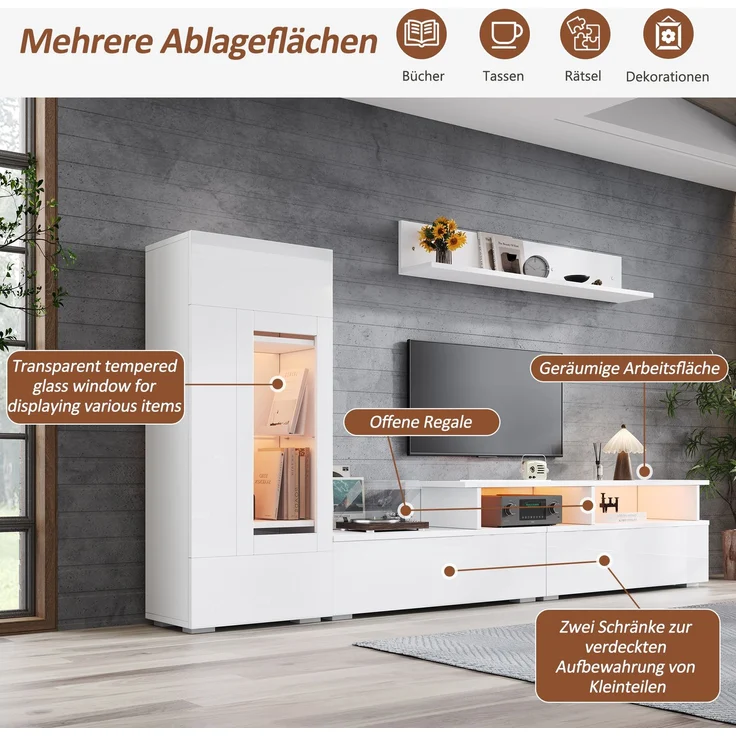 TV Wohnwand Set 3-teilig LED Beleuchtung Hochglanz Wohnzimmer Möbel Set Frontale Wohnwand 1 x TV Schrank, 1 x Wohnzimmer Vitrine, 1 x Hängeregal, TV bis 75' Weiß--Weiß--130x46x15.49cm--YOUDENOVA – Bild 10