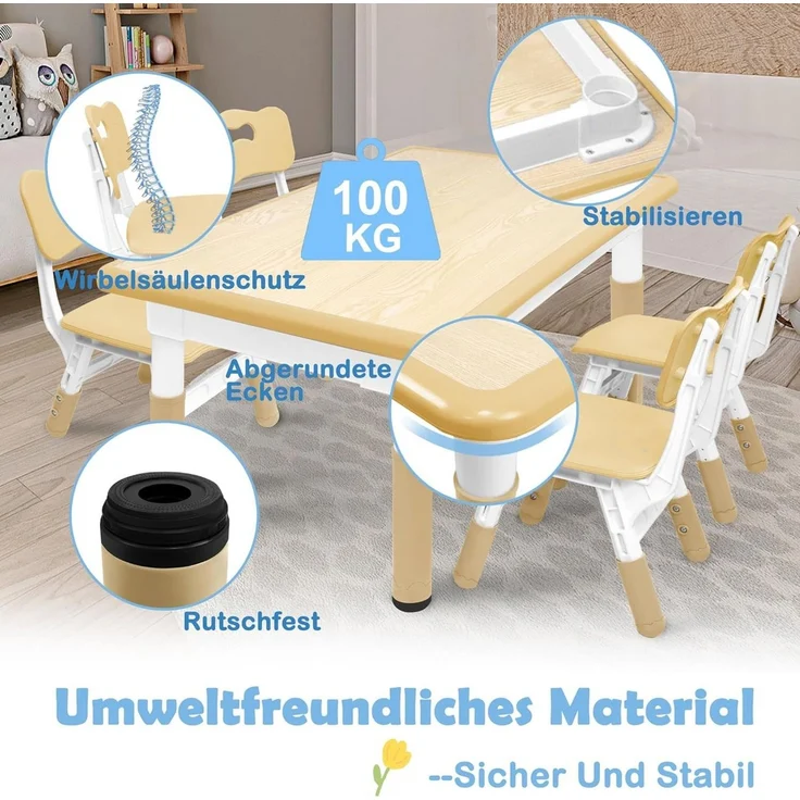 FIVMEN Kindersitzgruppe Kindertisch 4 Stühlen Set Höhenverstellbar Kinderzimmer Möbel – Bild 2