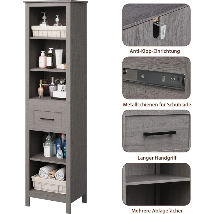 Homfa Hochschrank Badezimmerschrank, Badschrank schmal, 180cm hoch, weiß – Bild 6