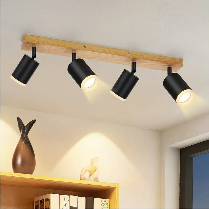Nettlife Deckenstrahler Schwarz/Weiß GU10 Holz Vintage Deckenspots Küchenlampe, Schwenkbar, LED wechselbar, 350°Drehbar Flur Strahler Industrial für Wohnzimmer Schlafzimmer Küche