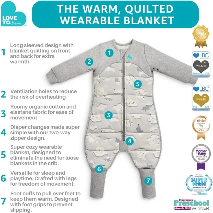 Love To Dream Schlafanzug, extra warm, 3–4 Jahre, grau, 3,5 Tog für Kälte (unter 16 °C), Lange Ärmel, integrierte Steppdecke, maschinenwaschbares Baumwollvlies, für Bewegung mit Anti-Rutsch-Pads – Bild 3