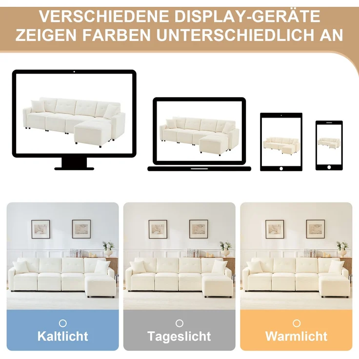 Merax 280cm Großes Sofa, 4-Sitzer Corduroy Sofa, mit Stauraum unter den Sitzflächen, inklusive eines frei platzierbaren Hockers, Beige – Bild 7