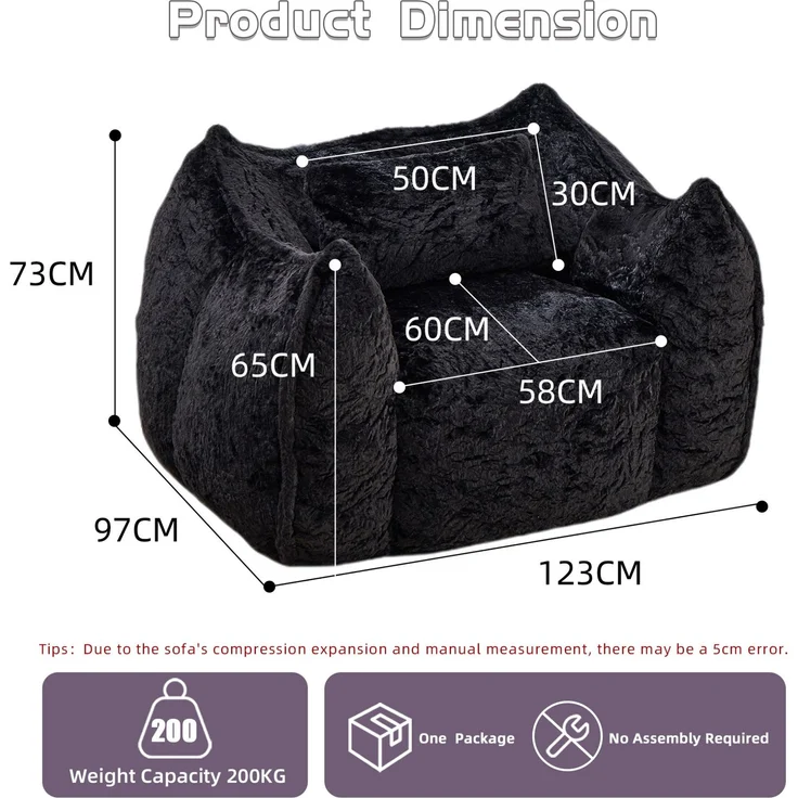 Sitzsack aus Kunstfell mit ergonomischer Rückenlehne, 123×97×73 cm, Schwarz – Bild 7