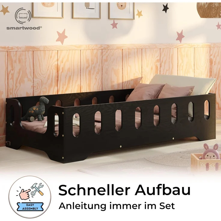 smartwood Kinderbett Bodenbett 140x190 mit Rausfallschutz & Lattenrost - Schwarz - Kinder Montessori Bett TILA 2B mit glatten Kanten - Betten für schnelle Montage - Bis 300 kg belastbar – Bild 4