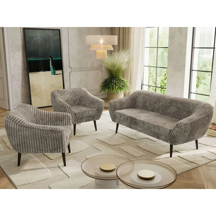 Wohnzimmerset PIRS 1-1-3, Skandinavisches 3-Sitzer Sofa mit Sesseln, Sofa mit Wellenfederung, schwarze Füße, Skandinavisches Möbelset - Hellbraun Cord – Bild 3