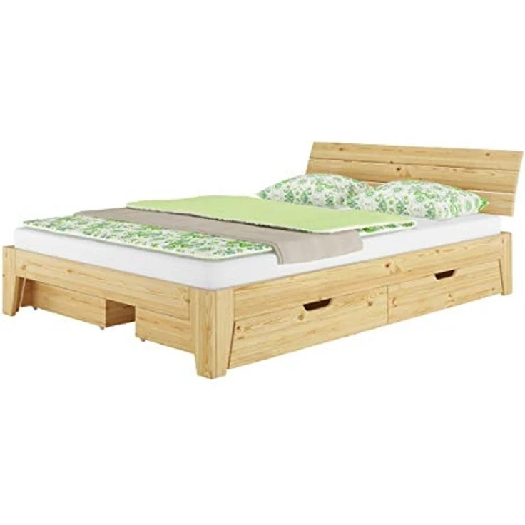 ERST-HOLZ Massivholzbett Stilvolles Doppelbett mit Schrägen Pfosten 140x200 cm Kiefer, Kiefer farblos lackiert – Bild 6