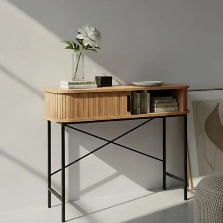 EDAXO Schreibtisch Konsole mit Schiebetüren SCAVA, geriffelt, 100 x 35 x 80,5 cm (funktional, Einzelmöbel), Lamellenfront – Bild 7