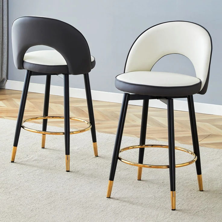 360° drehbarer Barhocker, Dunkelgraue und weiße Sitzkissen-Kombination, PU-Material, komfortabler gepolsterter Barhocker, geeignet für Bars, Esszimmer, Küchen, Terrassen usw, Eine Box mit 2 Stück.--Dunkelgrau, Weiß--44x44x91.5cm--YOUDENOVA – Bild 1