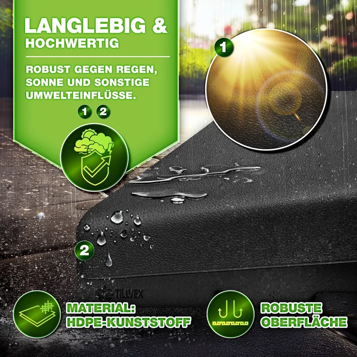 tillvex® Sonnenschirmständer Schwarz 90 Liter / 120 kg – 4-teilig für Ampelschirm inkl. Metallverbinder | Schirmgewicht befüllbar mit Wasser oder Sand | Schirmständer Ampelschirmständer wetterfest – Bild 4