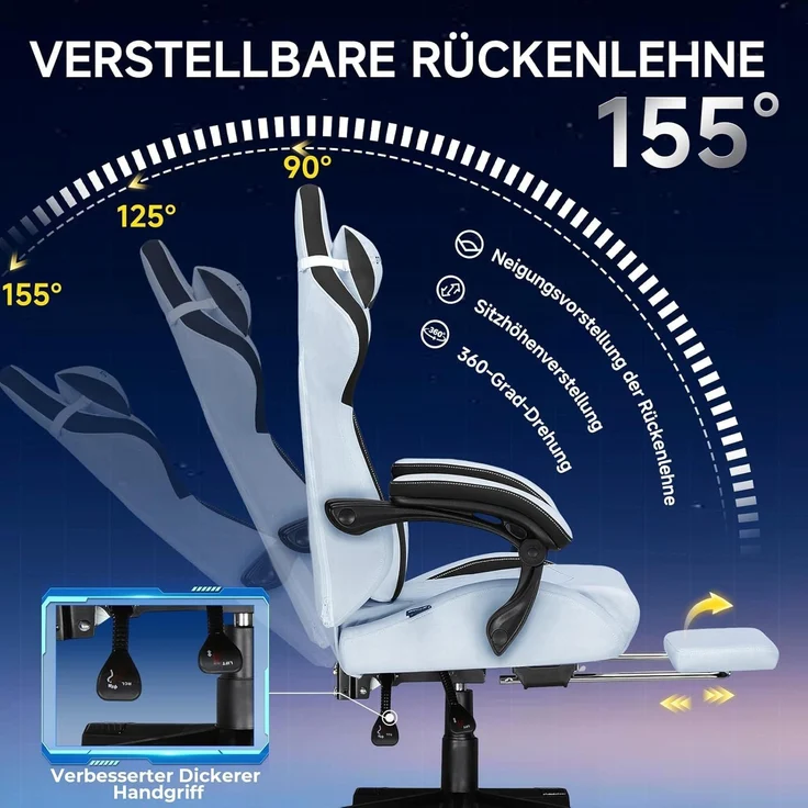 GTPLAYER Gaming-Stuhl Stoff Gaming Chair Ergonomisch Bürostuh PC Stuhl, 150kg Belastbarkeit, Schreibtischstuh mit Federsitzkissen und Fußstütze – Bild 7
