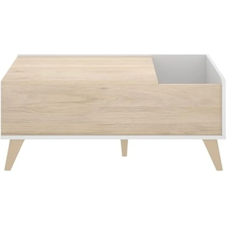 Dmora - Cuna Couchtisch, Wohnzimmer-Zeitungsständer mit Ablagefach, niedriger hochklappbarer Couchtisch, 99 x 60 x 41 cm, Eiche und Weiß – Bild 6