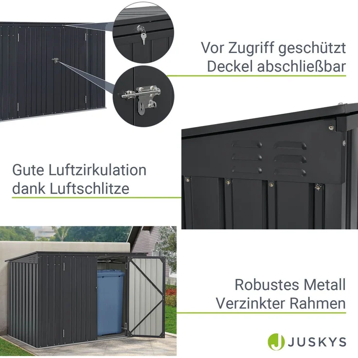 Juskys 3er Mülltonnenbox Namur 3 x 120 Liter Tonnen - 2 m² - 2 große Türen - Metall Mülltonnenverkleidung Müllbox Müllhaus Aufbewahrungsbox – Bild 4