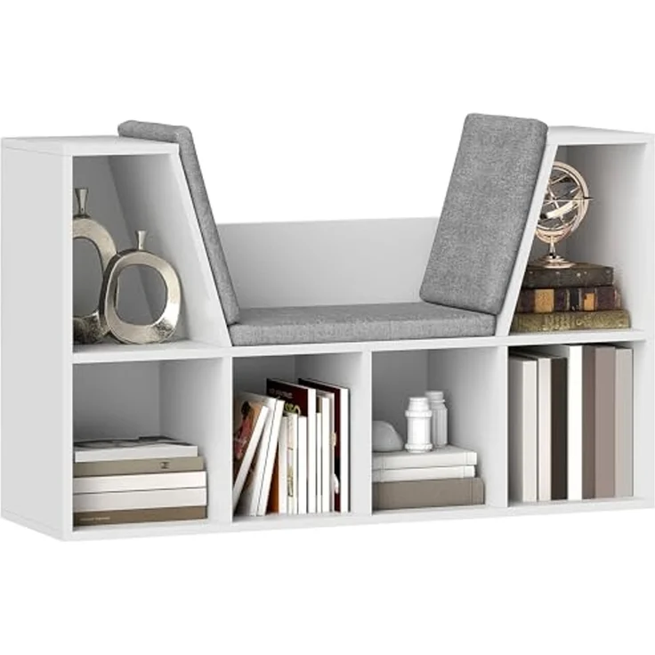 HOMCOM Bücherregal Kleiner Bücherschrank mit Sitzkissen, 6 Fächern, Leinenoptik, Aufbewahrungsregal 1-tlg, für Wohnzimmer, Schlafzimmer, 105 x 30 x 63 cm, Weiß – Bild 1