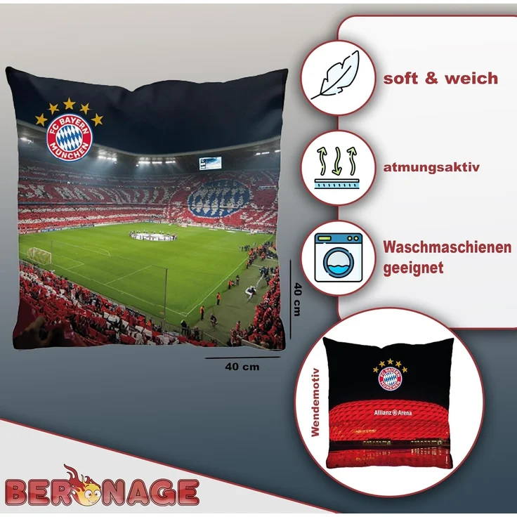 BERONAGE Dekokissen FC Bayern München Kissen Allianz Arena 40x40 cm Fußball-Kuschelkissen, passend zur Bettwäsche, ideal für Sofa, Couch, Bett, Auto, Camping – Bild 2