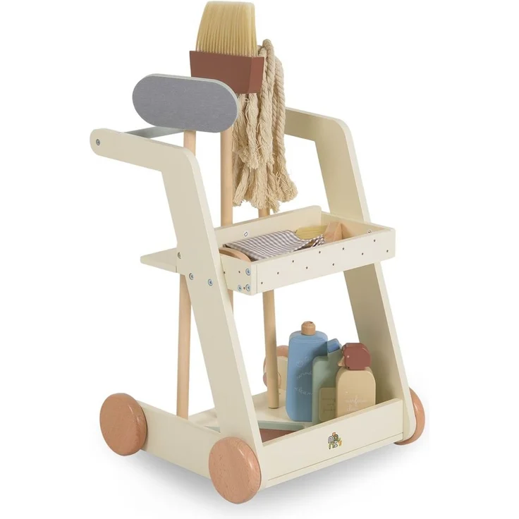Moni Kinder-Spielzeugputzwagen W10D787 Holz Besen Mopp Schwamm Bürste mit Räder beige – Bild 1