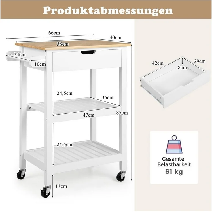 COSTWAY Küchenwagen, mit Schublade, 2 offenen Regalen, Schiebegriff, bis 61kg – Bild 2