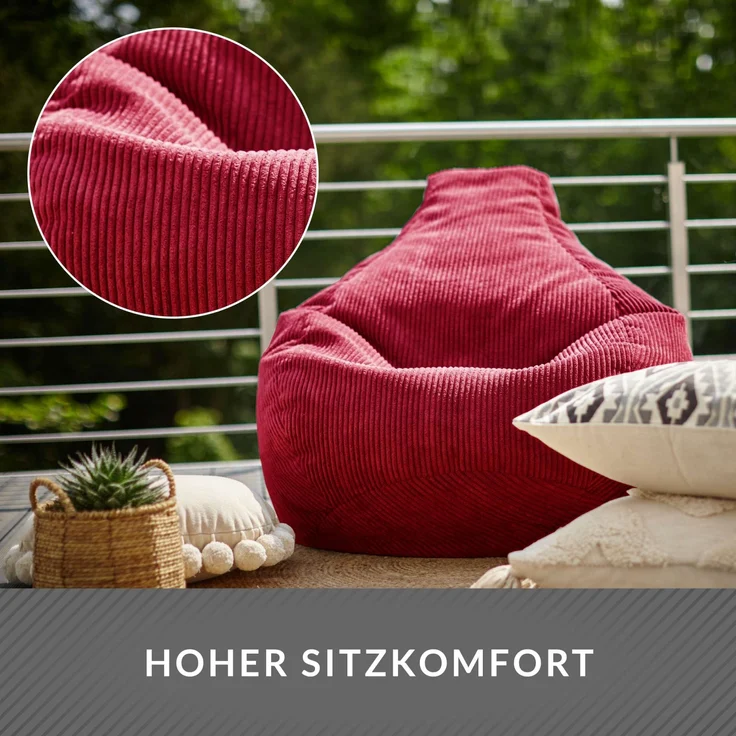 Green Bean® Sitzsack mit Rückenlehne 80x80x90cm - Gaming Chair mit 230L Füllung Cordstoff - Bean Bag Bodenkissen Lounge Sitzhocker Relax-Sessel Gamer Gamingstuhl Rot – Bild 5