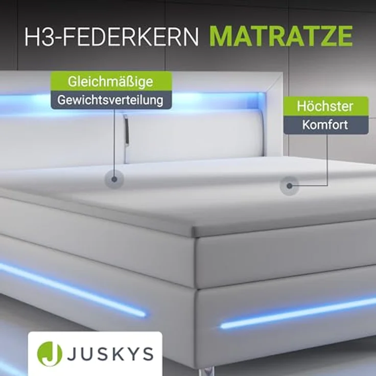 Juskys Norfolk Boxbett, Weiß, 200x200 cm, mit LED-Beleuchtung, zwei Bonell Federkernmatratzen und Topper, ideales Doppelbett für angenehmen Schlaf – Bild 6