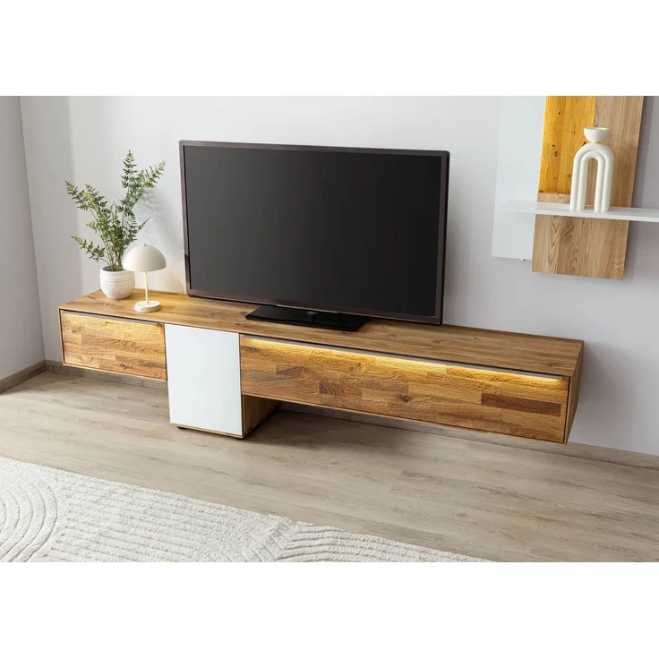 Lowboard Wildeiche 220x43x55 natur geölt / Glas weiß WIEN #107 – Bild 2