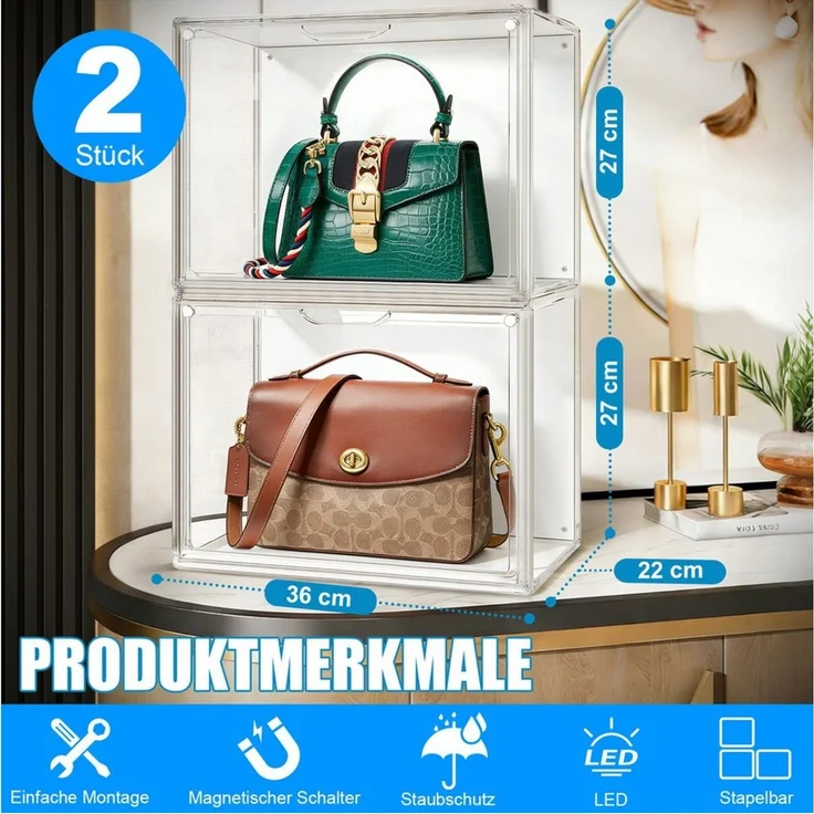 XIIW Vitrine LED Schuhboxen Displaybox Transparent Stapelbare Aufbewahrungsbox (Set, 2er Set, 36 × 22 × 27 cm) Sammlerbox mit LED, Magnettür und transparentem Sichtfenster – Bild 2