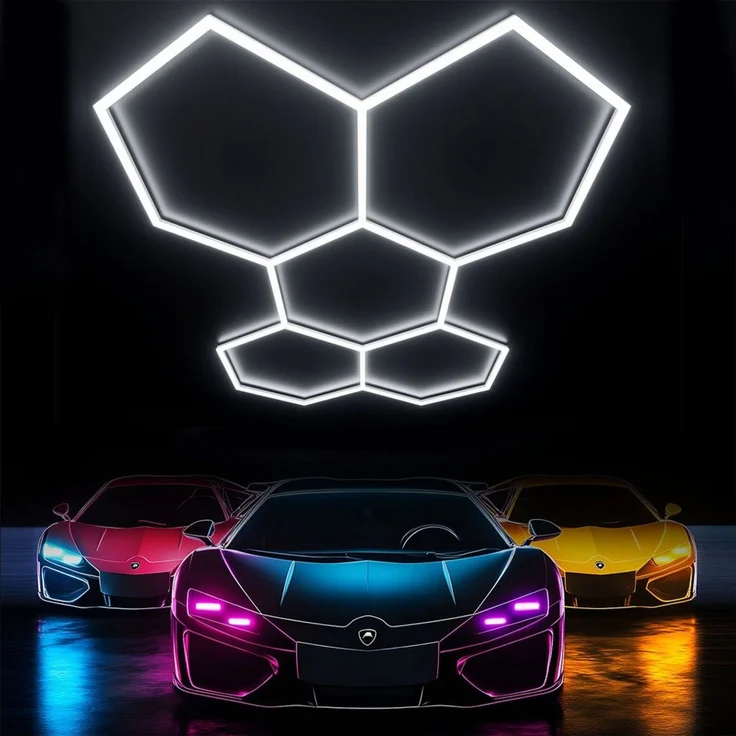 oyajia Deckenleuchte 5/14 Packs Hexagon Größer, LED Deckenleuchte Garage Light 720W 86400lm, ohne Rand, LED fest integriert, ‎Kaltweiß, LED Deckenleuchte für Garage, Studio, Parkplatz, Auto-Detailing-Shop – Bild 4