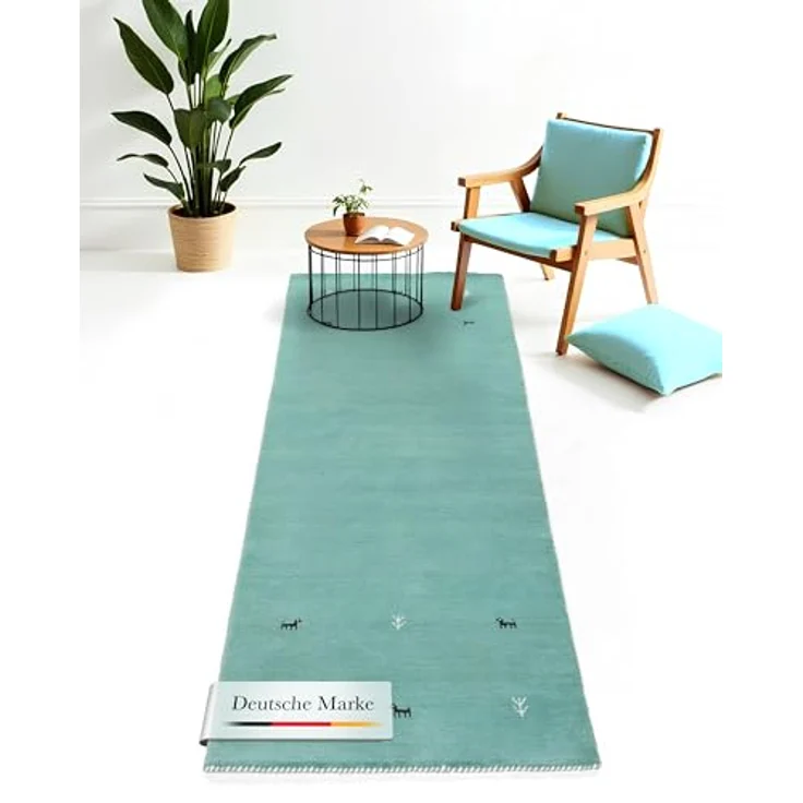 carpetfine 'Gabbeh Uni' Wollteppich, reine Wolle, Türkis, 80 x 300 cm – Bild 2