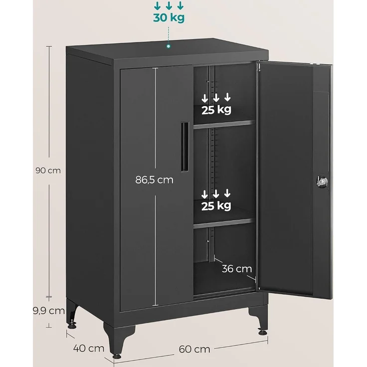 Songmics Aktenschrank, Mehrzweckschrank, Büroschrank mit 2 Türen, Schrank abschließbar, Stahl, tintenschwarz, 40 x 60 x 90 cm – Bild 3