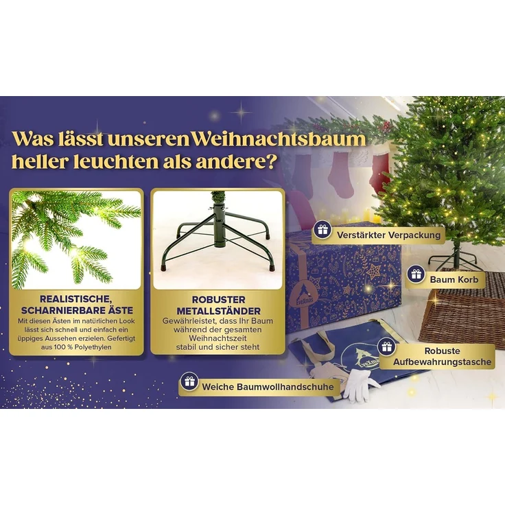 EveXmas Adele Künstlicher Weihnachtsbaum Grün 185 cm mit 320 LEDs – 100% PE Spritzguss, Nordmanntanne-Optik, inkl. Metallständer, Tasche & Baumkorb – Bild 3