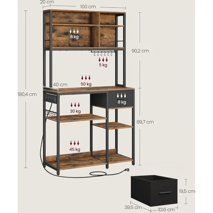 VASAGLE Küchenregal mit Steckdosen, Standregal, Mikrowellen-Regal, verstellbare Ablagen, Stoffschublade, 12 Haken, 40 x 100 x 180,4 cm, für Mikrowellen, Küche – Bild 2