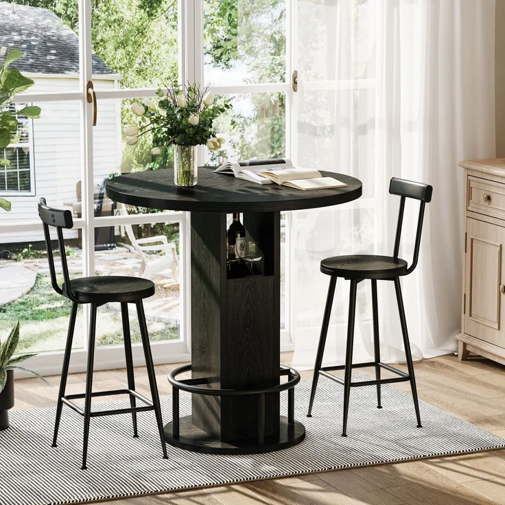 Bartisch-Set Ø 80 cm mit 2 Hockern – runder Esstisch aus Spanplatte und Stahl in Schwarz
