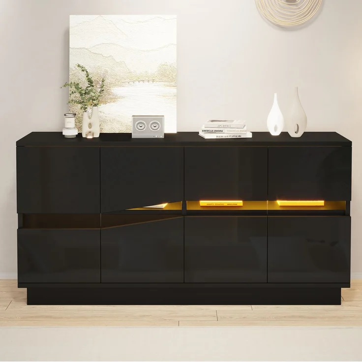 Sideboard 140 x 35 x 70 cm in Schwarz mit 4 Türen, verstellbaren Einlegeböden und LED-Beleuchtung – Bild 1