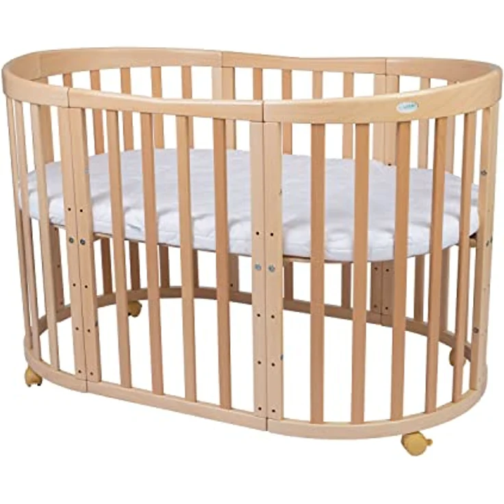 Waldin Oval Babybett Mitwachsend Komplett Set 7in1 - Baby Gitterbett mit Matratze - Babybetten mit Wickelkommode - Baby Bett mit Rollen - Mitwachsendes Kinderbett - Baby Bed - Beistellbett Holz – Bild 4