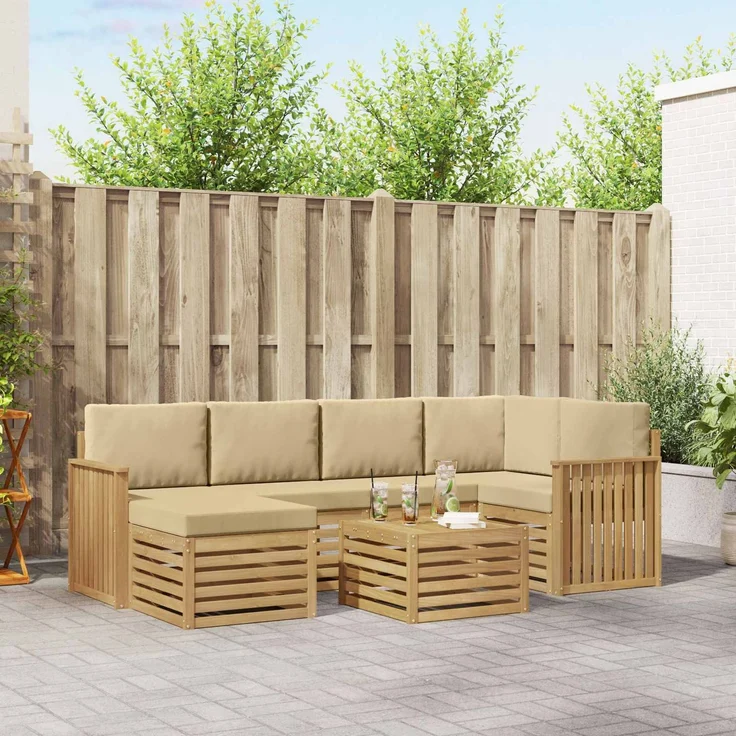 vidaXL Outdoor-Sofagarnitur 7 stk. 5-Sitzer Weiß und Beige Polyester 3392153 – Bild 1