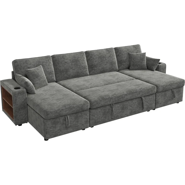 ZUBALIYA Schlafsofa, mit Stauraum, mit USB-C-Anschluss, mit Schlaffunktion, modular kombinierbar, mit Getränkehaltern, H 86 × T 270 × B 125 cm, Grau, Chenille – Bild 14