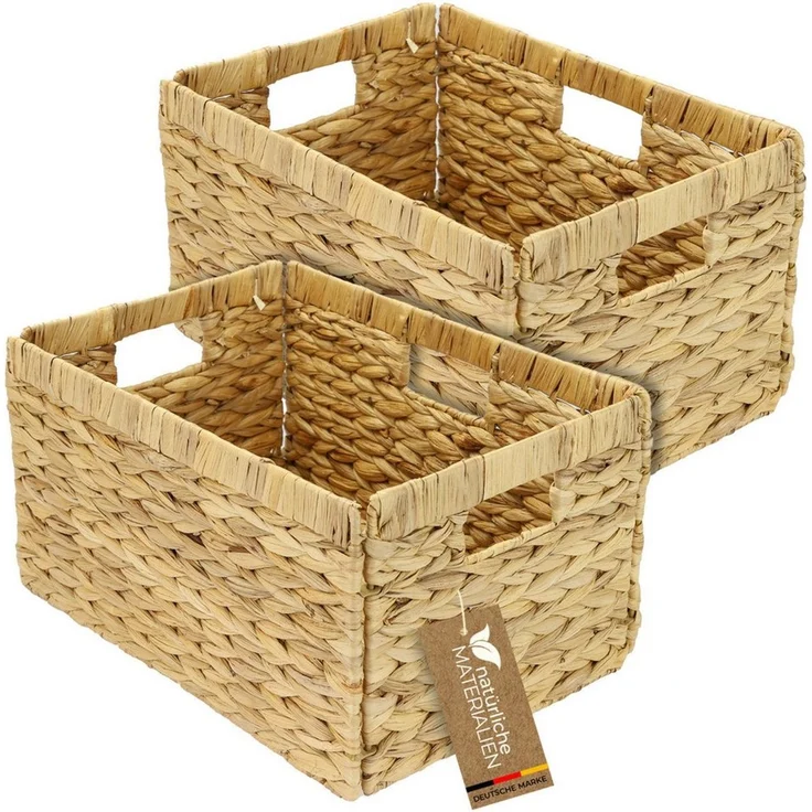 HMF Regalkorb Aufbewahrungskorb passend für Billy Regal, Korb geflochten aus, Wasserhyazinthe mit drei Griffen, 2er Set, 35 x 25 x 20 cm, Natur – Bild 1