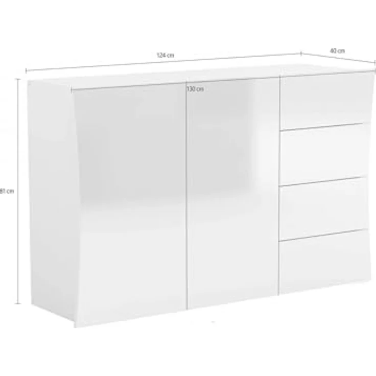 Dmora Modernes Sideboard, Design-Sideboard mit 2 Türen und 4 Schubladen, Made in Italy, TV-Ständer, Wohnzimmerbuffet, 124x40h82 cm, glänzend weiße Farbe – Bild 2