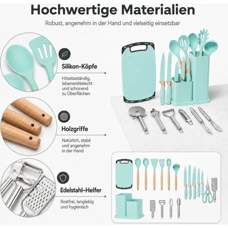 Diyarts Kochbesteck-Set (Set, 23-tlg, Setumfang: Beige 23-teilig, Grün, Weiß und Schwarz 20-teilig), Silikon-Kochflächen, Holzgriffe, Edelstahl, inkl. Kochmesser – Bild 4