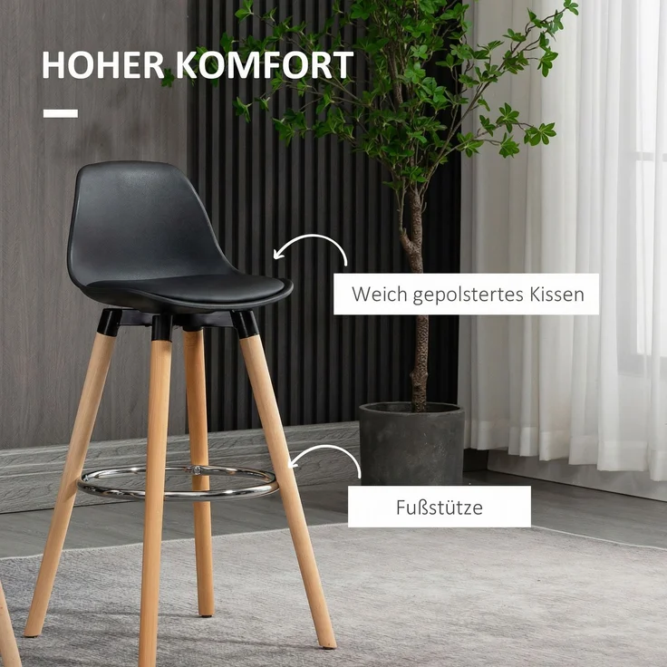 HOMCOM Barhocker, Kunstleder, Buchenholz, Schwarz, 43B x 43L x 91H cm – Bild 5