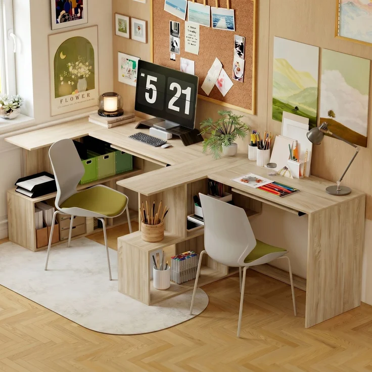 Eckschreibtisch, 120 x 100 x 76 cm, L-förmiger Computertisch mit Tastaturablage, 4 offene Fächer, natur – Bild 9