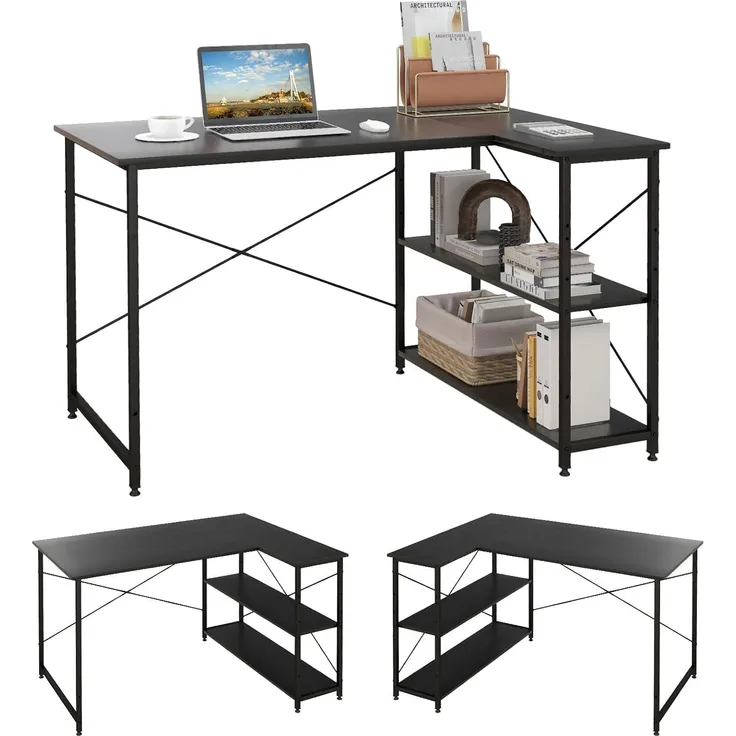 FANTASK Schreibtisch L-Form, Computertisch mit Regal rechts oder Links, Eckschreibtisch mit Ablagefächern, Ecktisch Bürotisch für Heimbüro, kleine Räume, 120 x 88 x 74,5 cm (Schwarz)