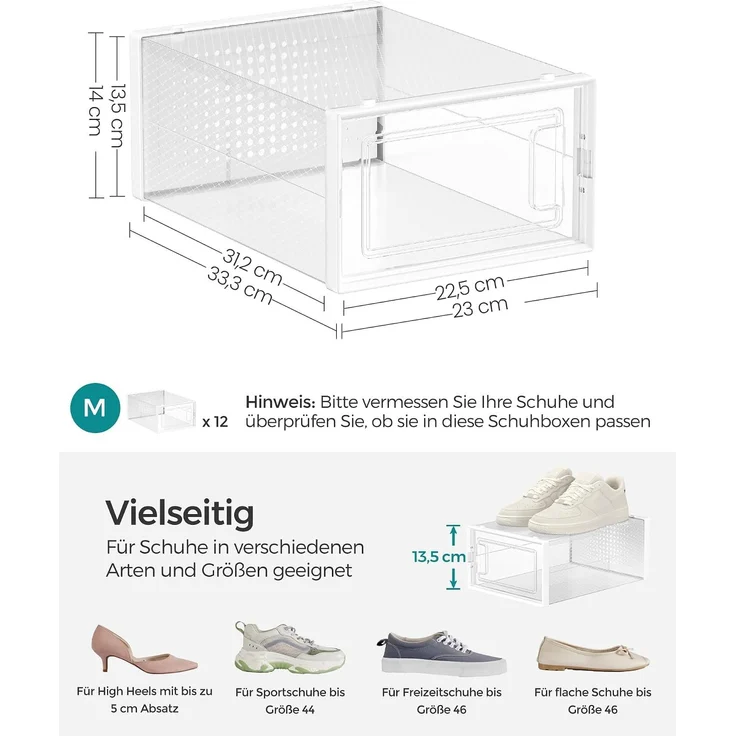 Songmics Schuhboxen, 12er Set, Schuh-Organizer aus Kunststoff, faltbar und stapelbar, für Schuhe bis Größe 44, transparent-weiß LSP12SWT – Bild 6